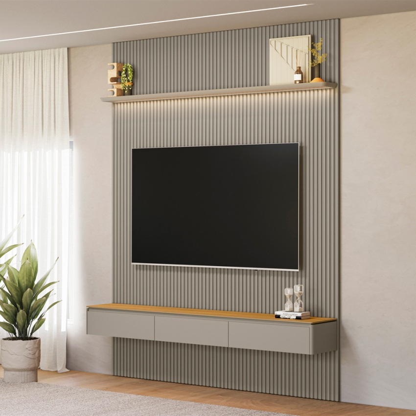 PAINEL RIPADO MODULAR 2.2 + NICHO CURVO 2.2 + PRATELEIRA CURVA 2.2