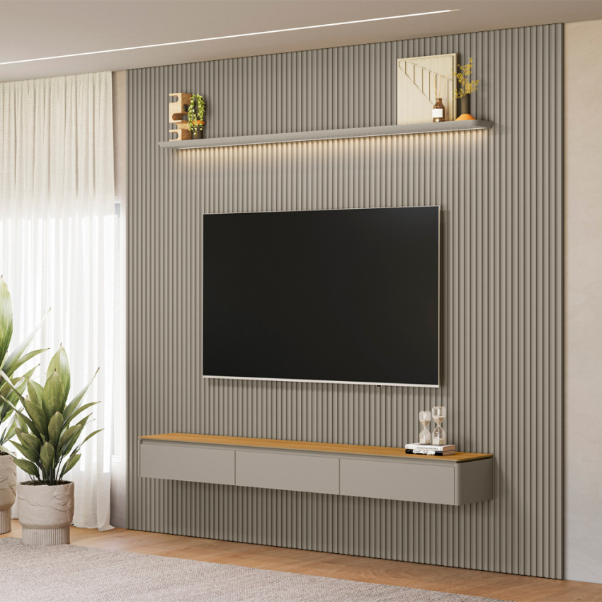 PAINEL RIPADO MODULAR 3.0 + NICHO CURVO 2.2 + PRATELEIRA CURVA 2.2